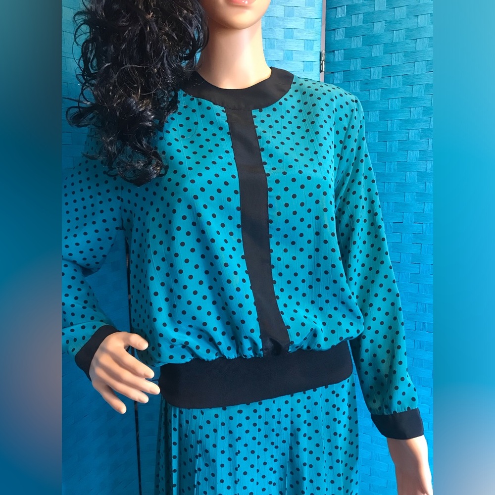 Vintage Andrea Gayle Blouse And Skirt Set Teal Black Polka Dot